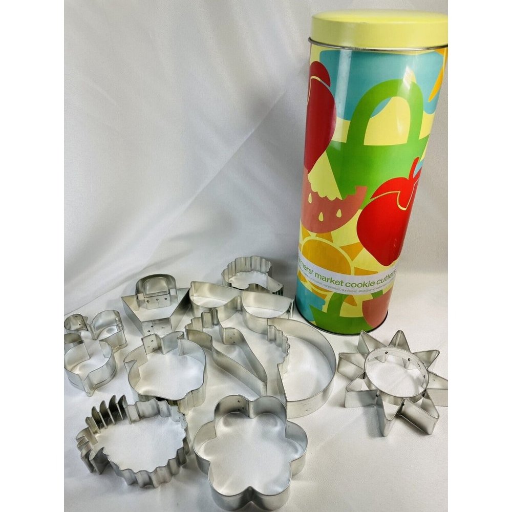 Set Of 10 Crate & Barrel Metal Cookie Cutters Farmers Market With Tin Container